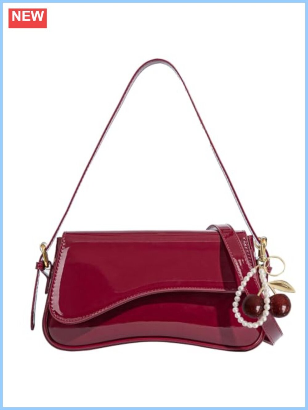 Hobo Shoulder Bag with Cherry Pendant PU Leather 3-Way Crossbody Purse